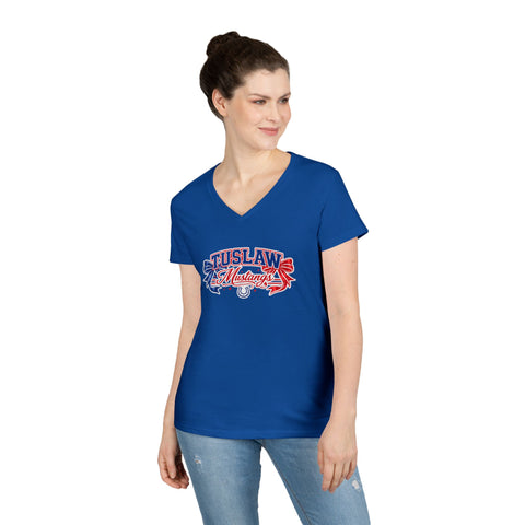 Tuslaw Mustangs Ladies — Red & Blue Bows V-Neck T-Shirt