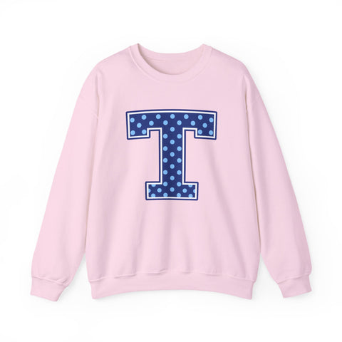 Tuslaw Mustangs — Blue Polka Dot Monogram Crewneck (No Bow) in Light Pink
