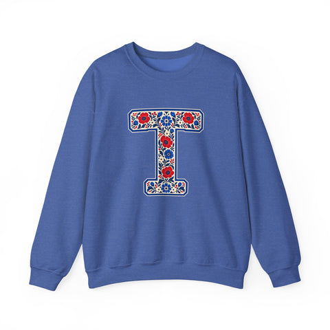 Tuslaw Mustangs Farmhouse Floral Monogram Crewneck Sweatshirt in Heather Sport Royal