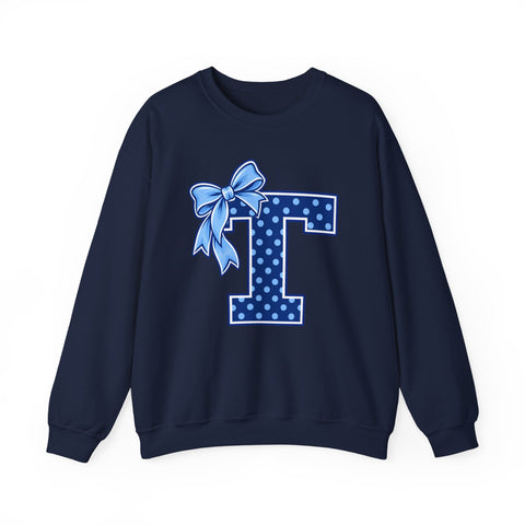 Tuslaw Mustangs Ladies — Blue Polka Dot Monogram Crewneck Sweatshirt in Navy