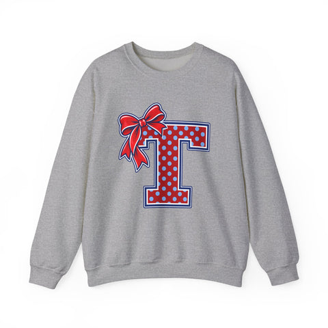 Tuslaw Mustangs Ladies — Red Polka Dot Monogram Crewneck Sweatshirt in Sport Grey