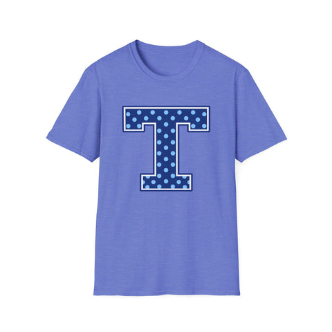 Tuslaw Mustangs — Blue Polka Dot Monogram T-Shirt (No Bow) in Heather Royal