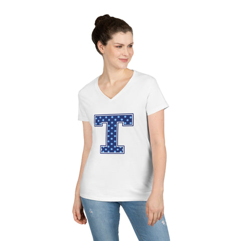 Tuslaw Mustangs Blue Polka Dot Monogram Women’s V-Neck T-Shirt