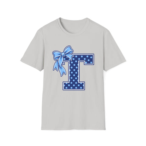 Tuslaw Mustangs Ladies — Blue Polka Dot Monogram T-Shirt in Ice Grey