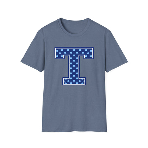 Tuslaw Mustangs — Blue Polka Dot Monogram T-Shirt (No Bow) in Heather Indigo
