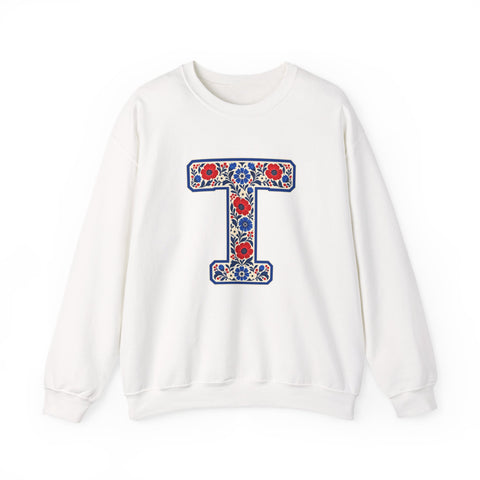 Tuslaw Mustangs Farmhouse Floral Monogram Crewneck Sweatshirt in White