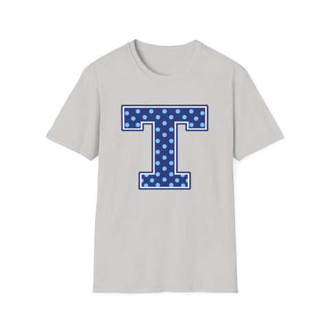 Tuslaw Mustangs — Blue Polka Dot Monogram T-Shirt (No Bow) in Ice Grey
