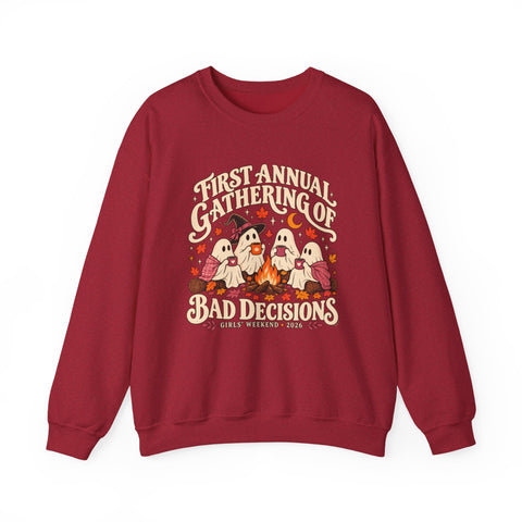 First Annual Gathering of Bad Decisions Sweatshirt — Funny Ghosts Girls Weekend Crewneck in Antique Cherry Red