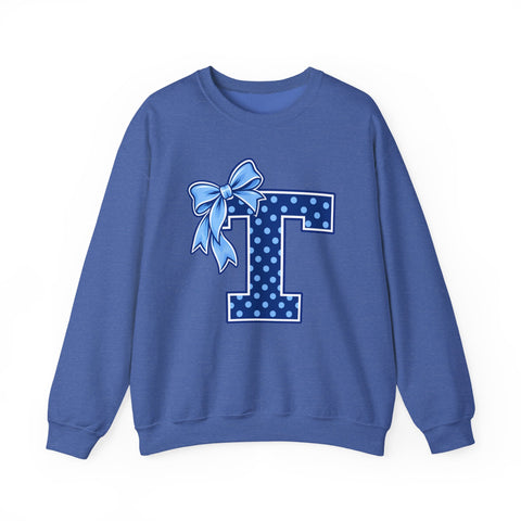Tuslaw Mustangs Ladies — Blue Polka Dot Monogram Crewneck Sweatshirt in Heather Sport Royal