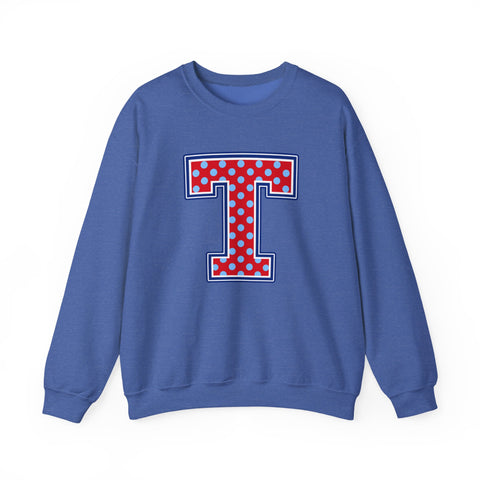 Tuslaw Mustangs — Red Polka Dot Monogram Crewneck (No Bow) in Heather Sport Royal