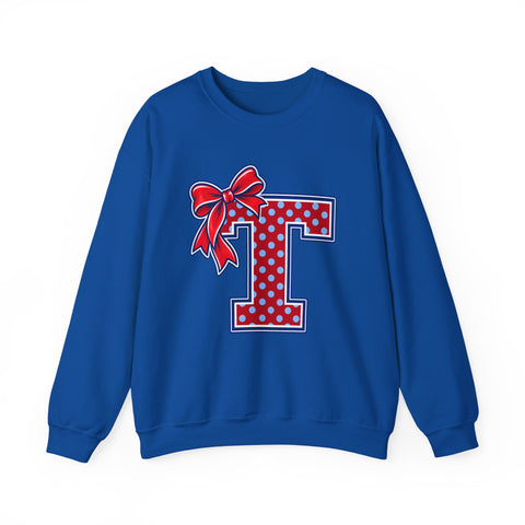 Tuslaw Mustangs Ladies — Red Polka Dot Monogram Crewneck Sweatshirt in Royal