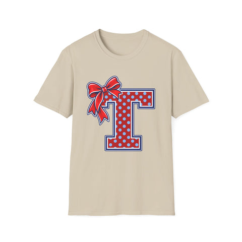 Tuslaw Mustangs Ladies — Red Polka Dot Monogram T-Shirt in Sand