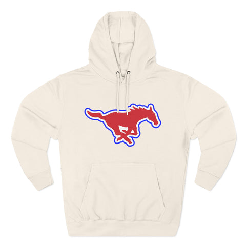 Mustang Logo Hoodie — Retro Red & Blue Running Horse Graphic Fleece