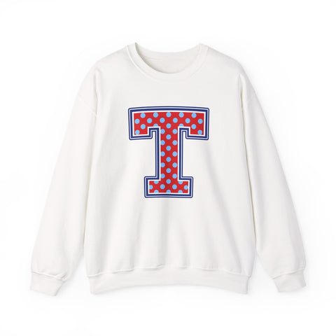 Tuslaw Mustangs — Red Polka Dot Monogram Crewneck (No Bow) in White