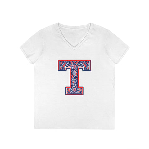 Tuslaw Mustangs Paisley Monogram Women’s V-Neck T-Shirt in White