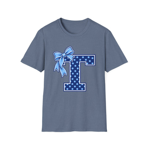 Tuslaw Mustangs Ladies — Blue Polka Dot Monogram T-Shirt in Heather Indigo