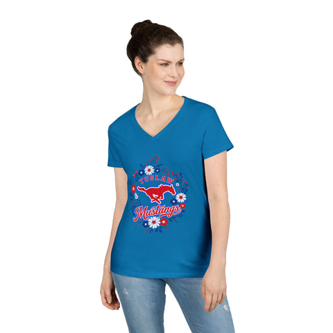 Tuslaw Mustangs Ladies — Floral Wreath V-Neck T-Shirt