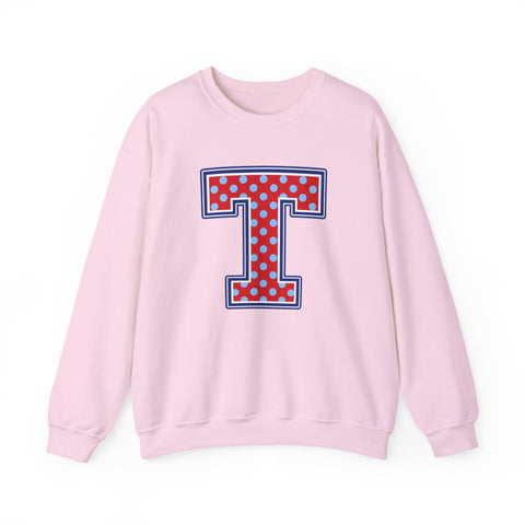 Tuslaw Mustangs — Red Polka Dot Monogram Crewneck (No Bow) in Light Pink