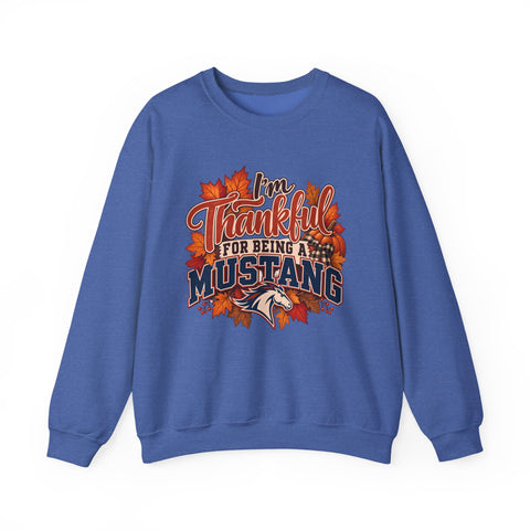 Thankful for Being Mustang Thanksgiving Crewneck Sweatshirt in Heather Sport Royal