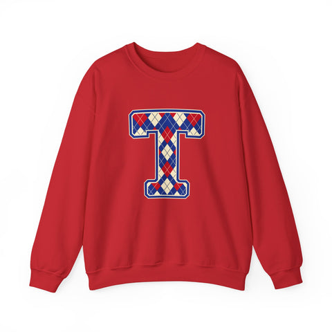 Tuslaw Mustangs Argyle Monogram Crewneck Sweatshirt in Red