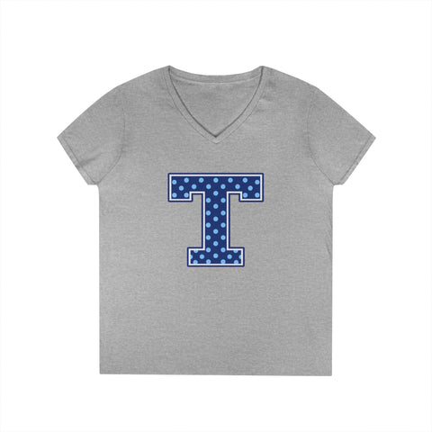 Tuslaw Mustangs Blue Polka Dot Monogram Women’s V-Neck T-Shirt in Sport Grey
