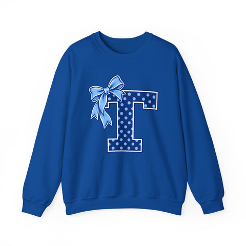 Tuslaw Mustangs Ladies — Blue Polka Dot Monogram Crewneck Sweatshirt in Royal