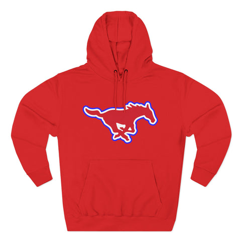 Mustang Logo Hoodie — Retro Red & Blue Running Horse Graphic Fleece