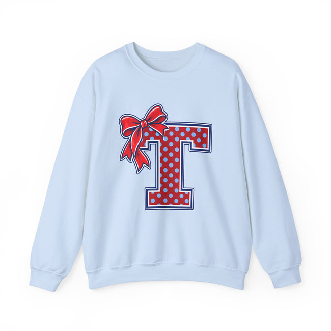 Tuslaw Mustangs Ladies — Red Polka Dot Monogram Crewneck Sweatshirt