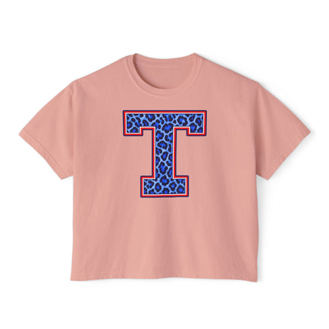 Tuslaw Mustangs Leopard Monogram Boxy T-Shirt in Peachy