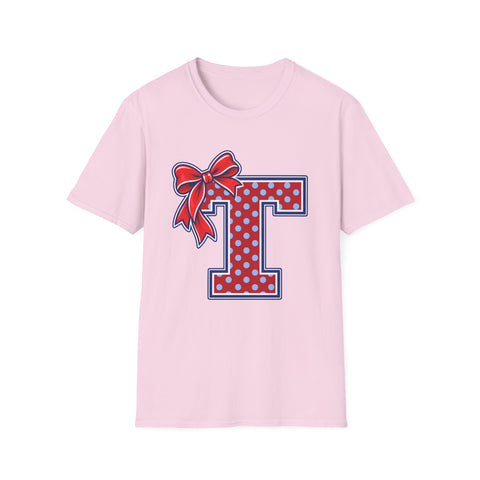 Tuslaw Mustangs Ladies — Red Polka Dot Monogram T-Shirt in Light Pink