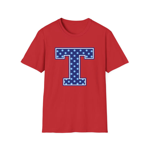 Tuslaw Mustangs — Blue Polka Dot Monogram T-Shirt (No Bow) in Red