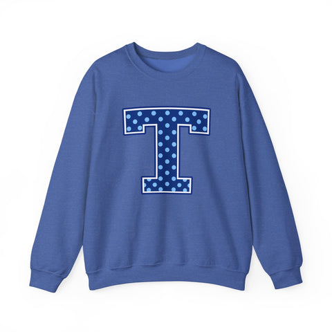 Tuslaw Mustangs — Blue Polka Dot Monogram Crewneck (No Bow) in Heather Sport Royal