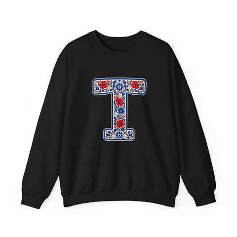 Tuslaw Mustangs Farmhouse Floral Monogram Crewneck Sweatshirt in Black