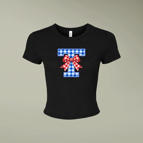 Tuslaw Mustangs Gingham Bow Monogram Micro-Rib Baby Tee in Solid Black Blend