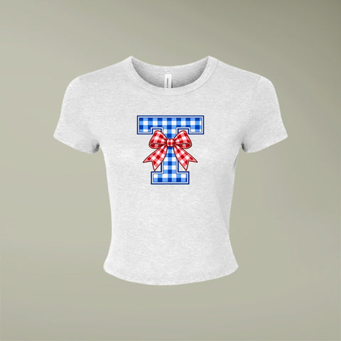 Tuslaw Mustangs Gingham Bow Monogram Micro-Rib Baby Tee in Solid White Blend