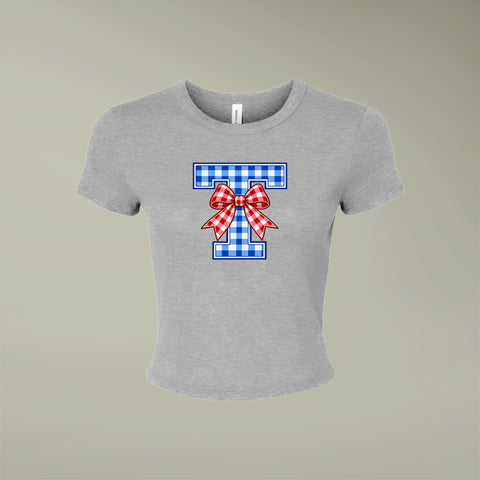 Tuslaw Mustangs Gingham Bow Monogram Micro-Rib Baby Tee in Athletic Heather