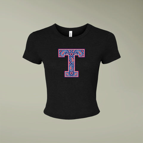 Tuslaw Mustangs Paisley Monogram Micro-Rib Baby Tee in Solid Black Blend