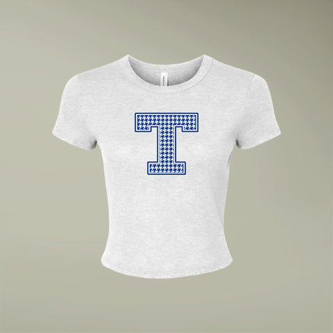 Tuslaw Mustangs Houndstooth Monogram Micro-Rib Baby Tee in Solid White Blend