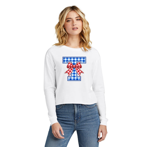 Tuslaw Mustangs Gingham Bow Monogram Midi Long Sleeve Tee in White