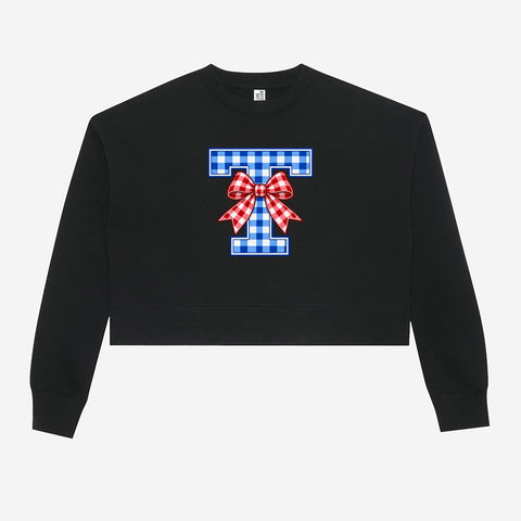 Tuslaw Mustangs Gingham Bow Monogram Crop Crewneck in Black