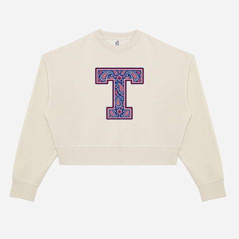 Tuslaw Mustangs Paisley Monogram Crop Crewneck in Bone