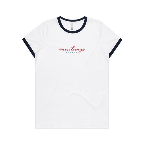 Tuslaw Mustangs Script Women’s Maple Ringer Tee in White/Navy