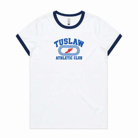 Tuslaw Mustangs Athletic Club Women’s Maple Ringer Tee in White/Navy