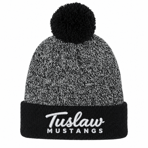 Tuslaw Mustangs Script Heather Pom-Pom Beanie in Black/ Silver
