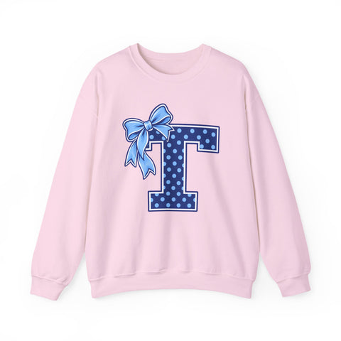 Tuslaw Mustangs Ladies — Blue Polka Dot Monogram Crewneck Sweatshirt in Light Pink