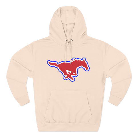 Mustang Logo Hoodie — Retro Red & Blue Running Horse Graphic Fleece