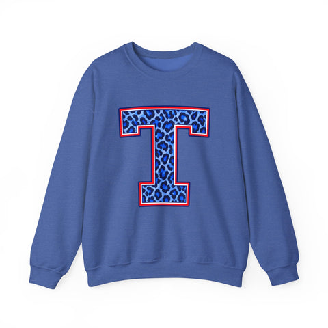 Tuslaw Mustangs Ladies — Leopard Print Monogram Crewneck Sweatshirt in Heather Sport Royal