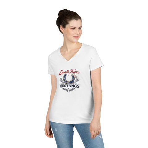 Tuslaw Mustangs Ladies — Small Town Mustangs V-Neck T-Shirt