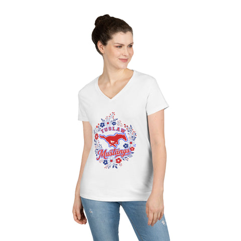 Tuslaw Mustangs Ladies — Floral Wreath V-Neck T-Shirt