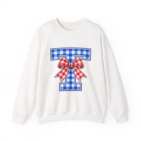Tuslaw Mustangs Ladies — Gingham Style Monogram Crewneck Sweatshirt in White